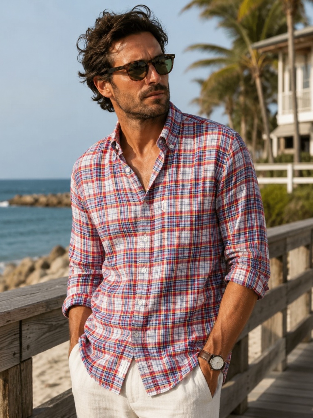 NWOT Men's Faconnable Plaid Linen Button Down Shirt Classic Fit Size XL